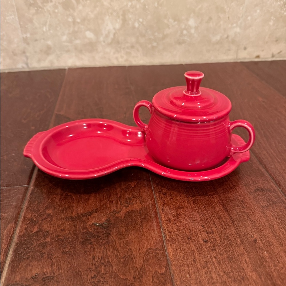 Fiesta USA  Scarlet Sugar Bowl With bottom dish.  Missing Creamer.